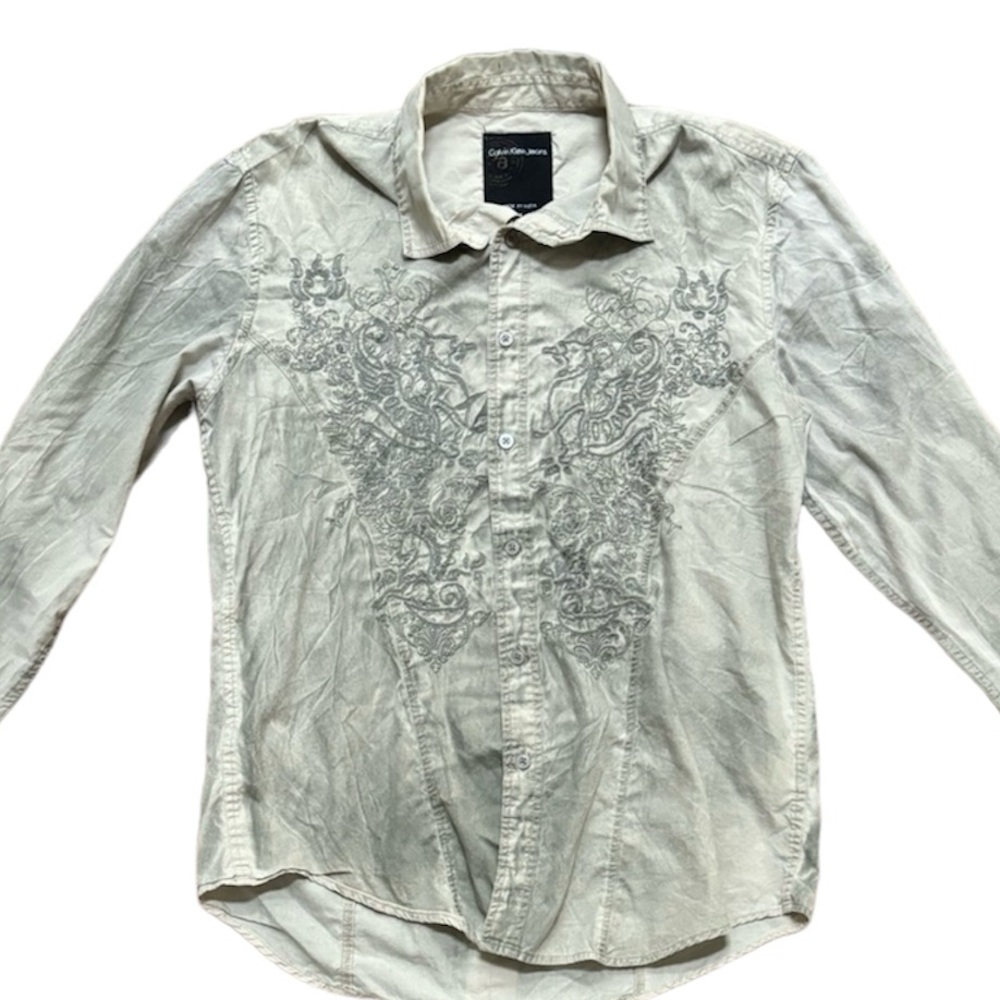 Calvin Klein Jeans Men's Light Beige Embroidered Button-Down Shirt